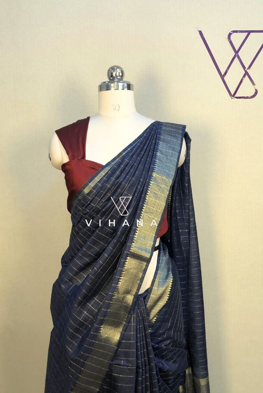 Navy Blue Kota Mini Check Mangalagiri Silk