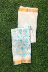 White Kota Doriya Organza Silk Saree with Floral Embroidery