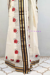Kerala Cotton Set Mundu with Red Rose and Black Honey Comb Mesh Designs