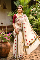 Kerala Cotton Set Mundu with Red Rose and Black Honey Comb Mesh Designs