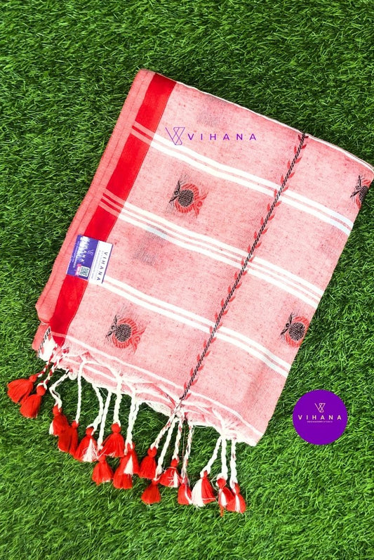 White Bengal Cotton Saree with Pomegranate Motifs
