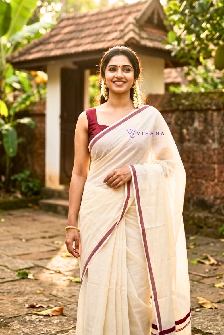 Kerala Cotton Set Mundu with Maroon Kara