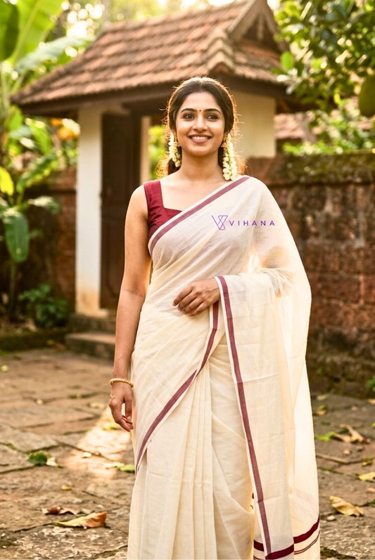 Kerala Cotton Set Mundu with Maroon Kara