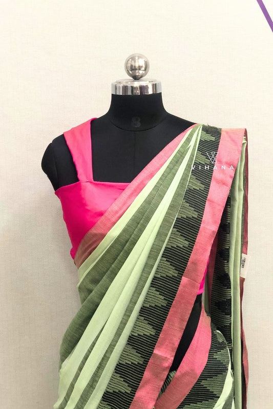 Green and White Stripes Khadi Cotton Saree