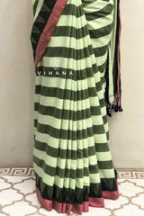 Green and White Stripes Khadi Cotton Saree