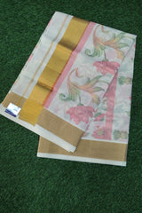 Stunning Kerala Cotton Set Saree with Digital Floral Prints and Golden Border