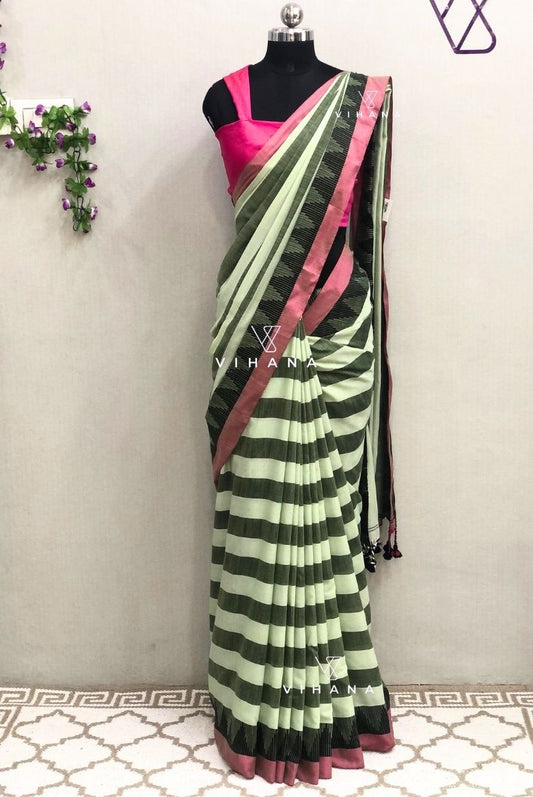 Green and White Stripes Khadi Cotton Saree