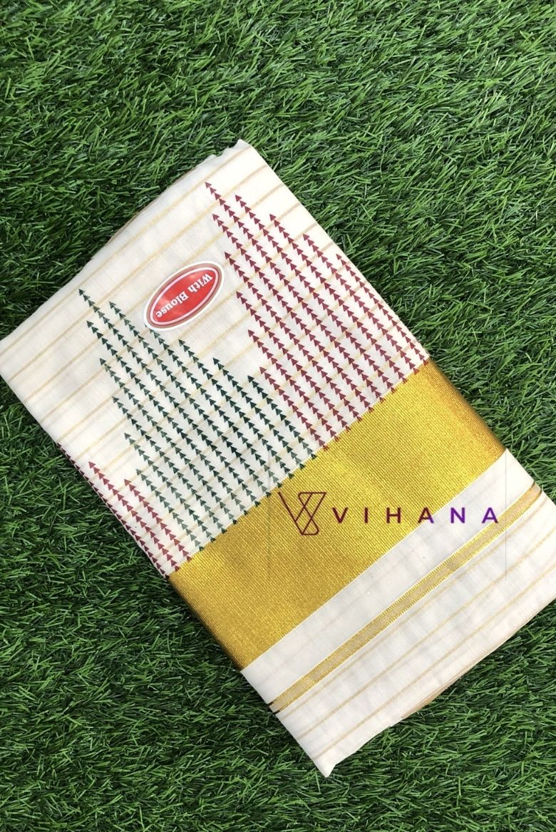 Vibrant Temple-Inspired Traditional Kerala Cotton Set Saree
