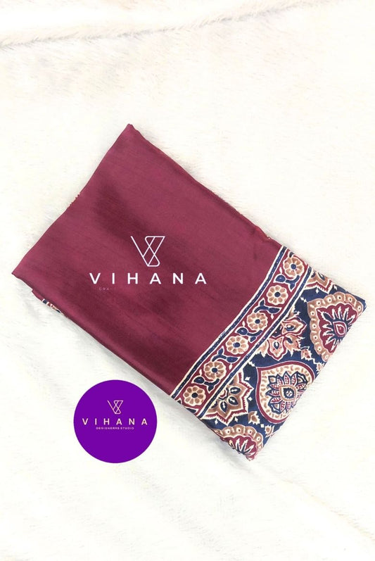 Dark Wine Modal Satin Silk Saree with Traditional Ajrakh Print