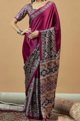 Dark Wine Modal Satin Silk Saree with Traditional Ajrakh Print