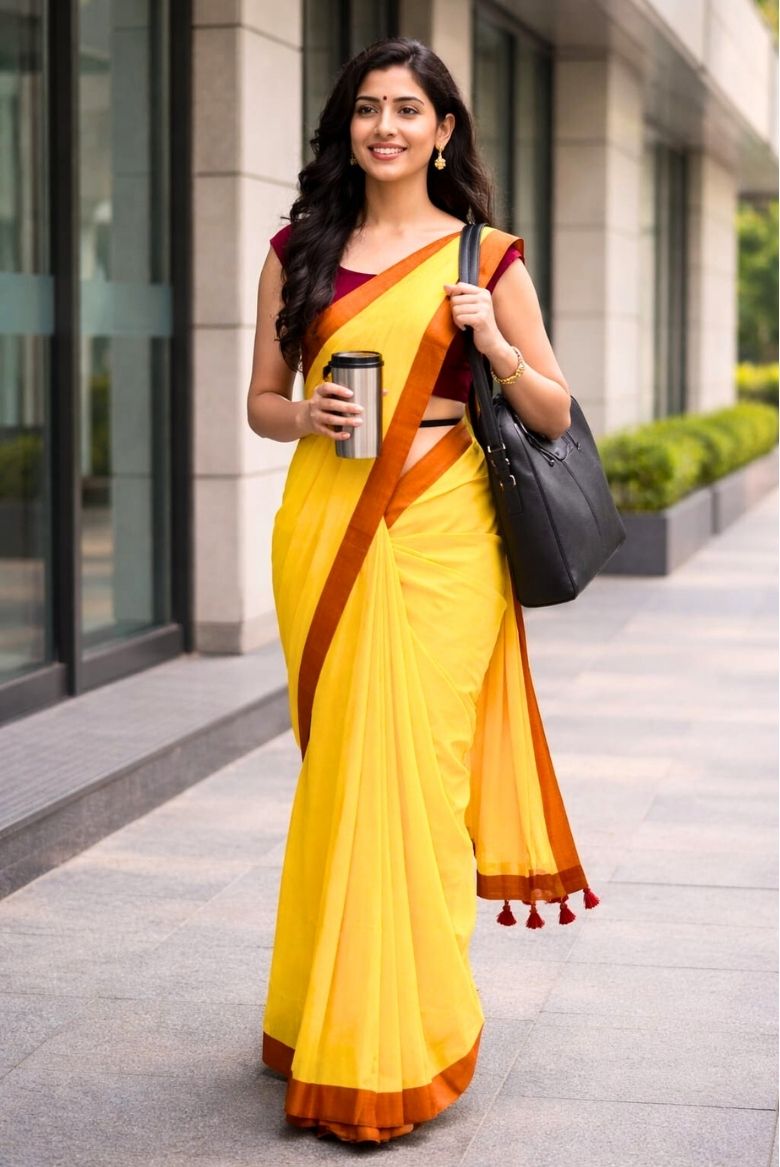 Bright Yellow Khadi Cotton Saree with Rust Orange Border