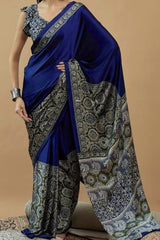 Electric Blue Modal Satin Silk Saree with Traditional Ajrakh Print
