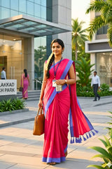 Rani Pink Khadi Cotton Saree with Blue and Violet Border