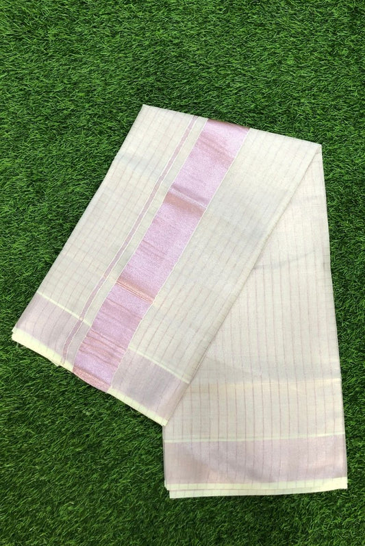Rose Gold Checkered Kerala Tissue Set Saree