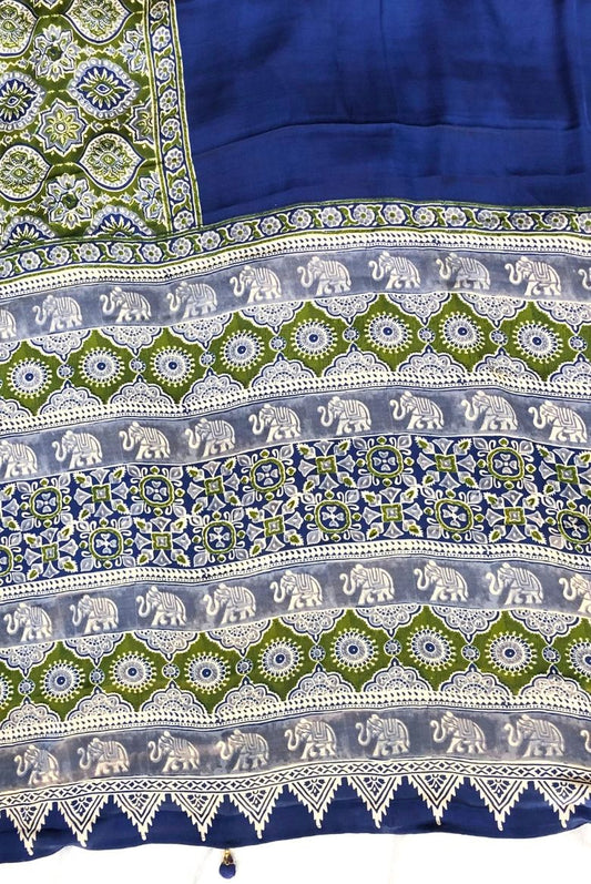 Electric Blue Modal Satin Silk Saree with Traditional Ajrakh Print