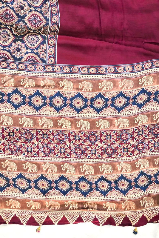Dark Wine Modal Satin Silk Saree with Traditional Ajrakh Print