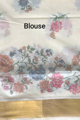 Pure Cotton Set Saree with Digital Floral Prints and Golden Border.