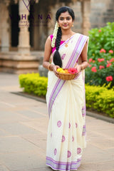 Traditional Cotton Set Saree with Lavender Floral Prints