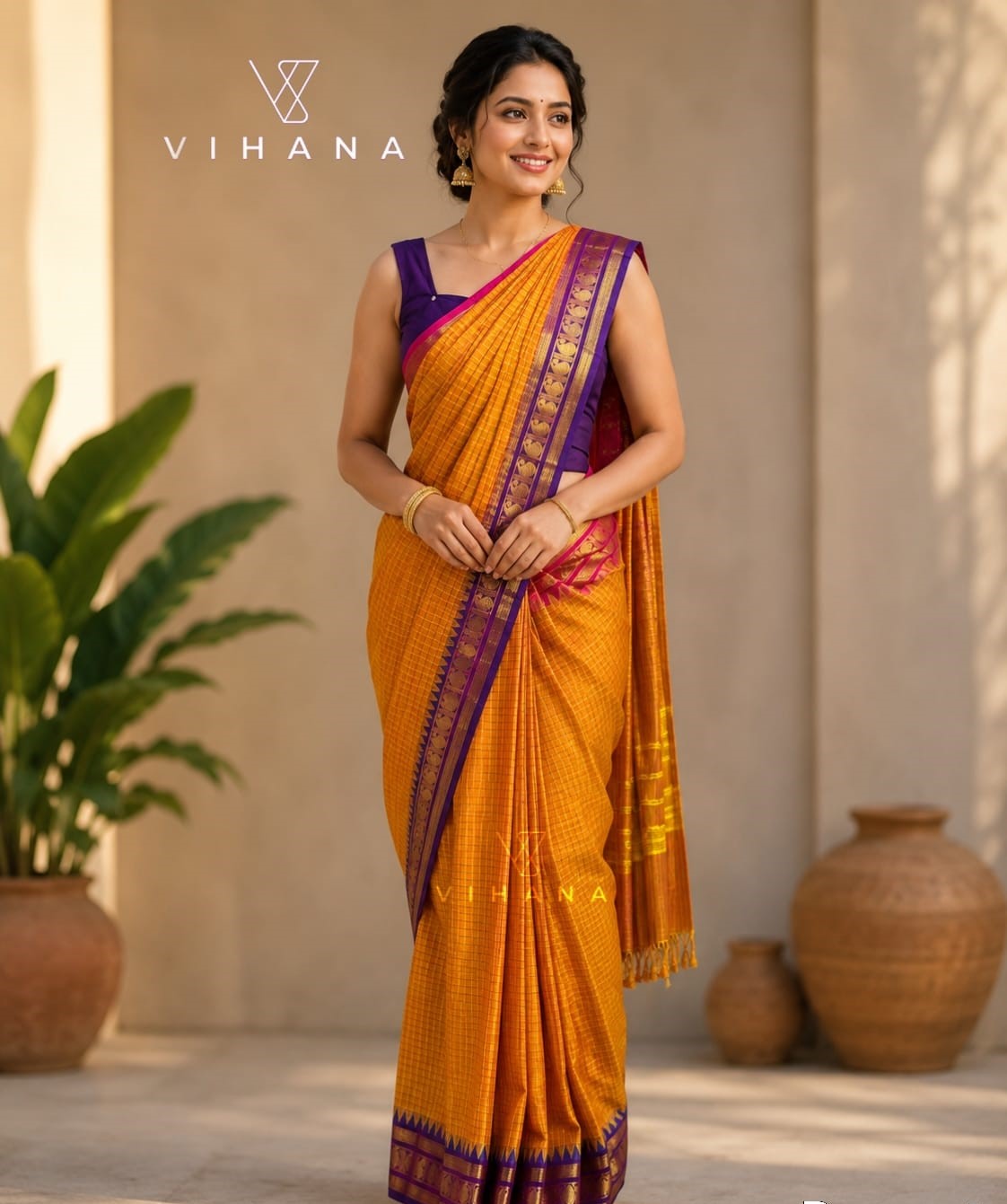Pure Chettinad Cotton Check Zari Border Orange Color