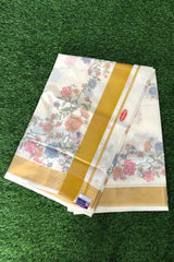 Pure Cotton Set Saree with Digital Floral Prints and Golden Border.