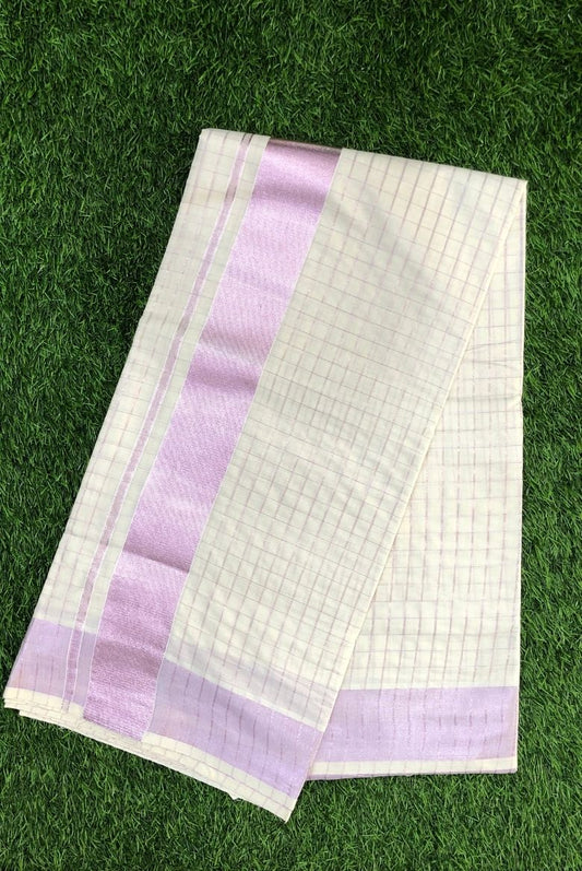 Rose Gold Checkered Kerala Cotton Set Saree