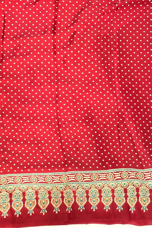 Vivid Red Bindi Polka Dots Print Semi Modal Crepe Silk Saree