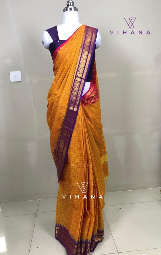 Pure Chettinad Cotton Check Zari Border Orange Color