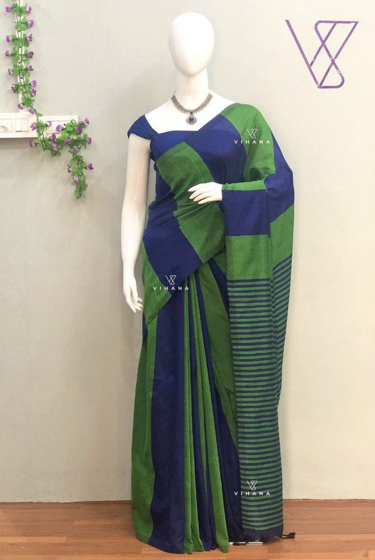 Elegant Green Color bar Cotton Saree