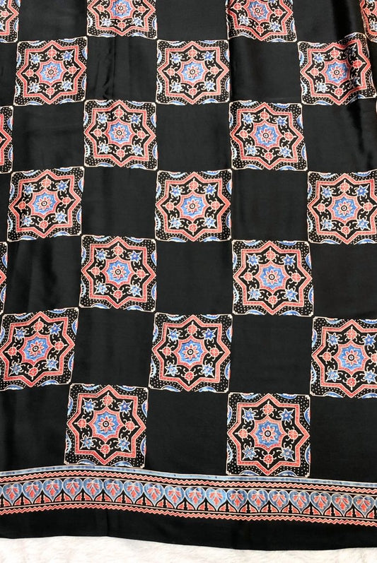 Premium Gajji Modal Silk Saree with Ajrakh Hand Block Prints-Black