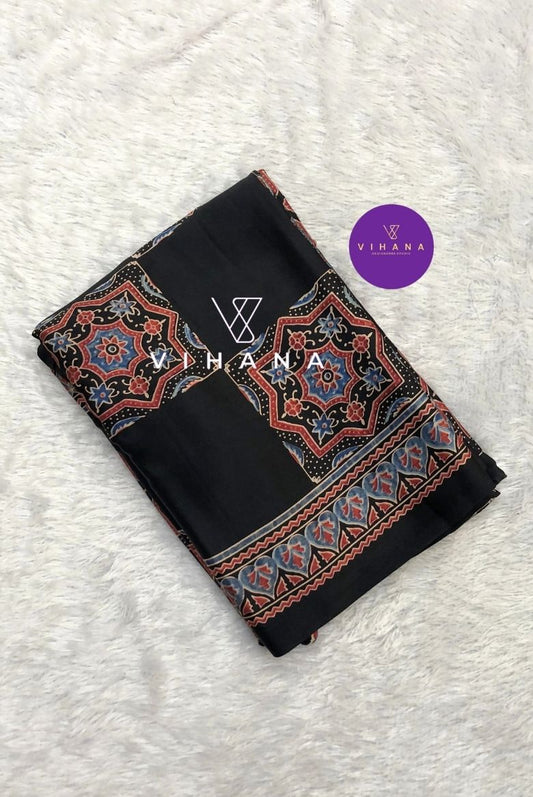 Premium Gajji Modal Silk Saree with Ajrakh Hand Block Prints-Black