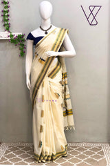 Handloom Kerala Cotton Lotus Jacquard Weaving Set Saree