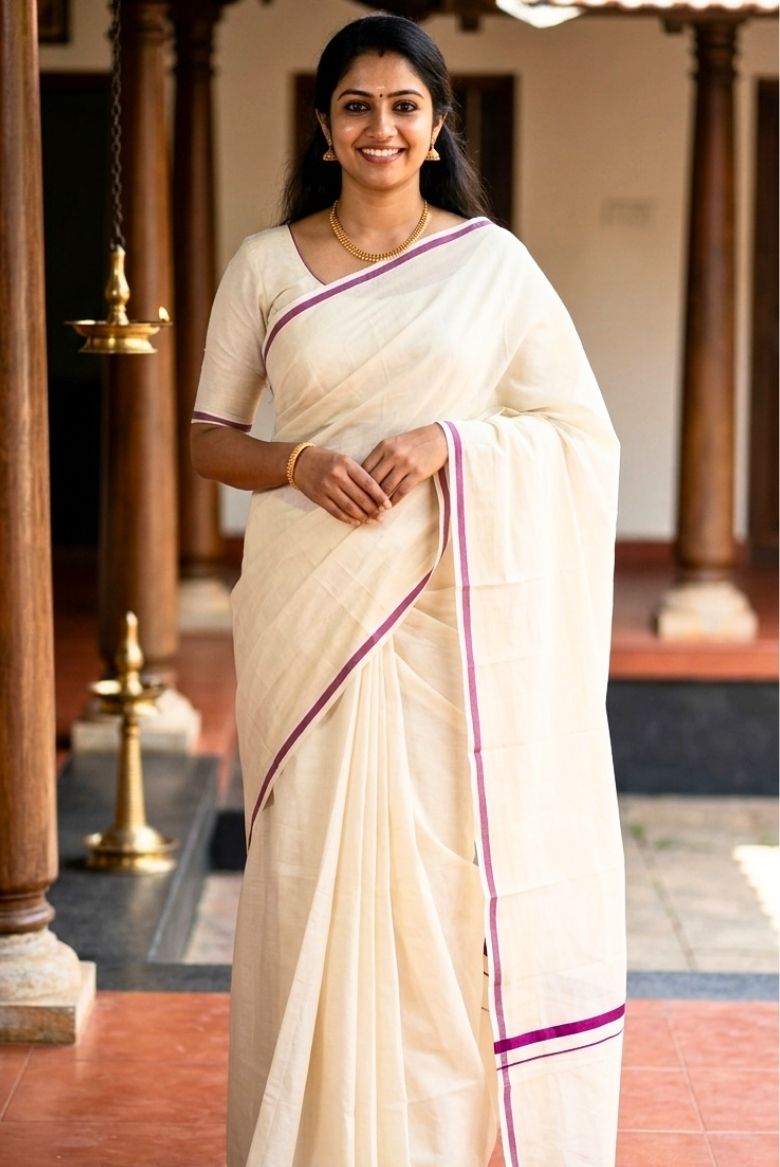 Dark Magenta Puliyilakara Cotton Set Saree