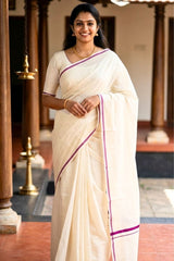 Dark Magenta Puliyilakara Cotton Set Saree