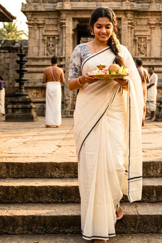 Earthy Black Puliyilakara Cotton Set Saree