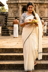 Earthy Black Puliyilakara Cotton Set Saree