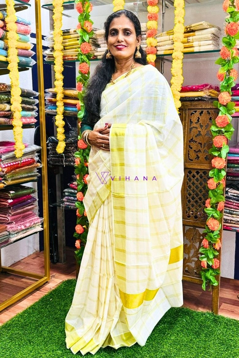 Traditional Kerala Cotton Check Patterned Set Saree
