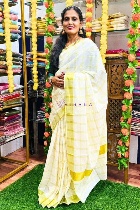 Traditional Kerala Cotton Check Patterned Set Saree