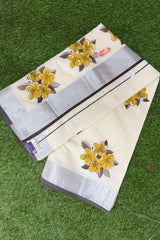 Elegant Kerala Cotton Tissue Set Saree with Vibrant Yellow Floral Prints
