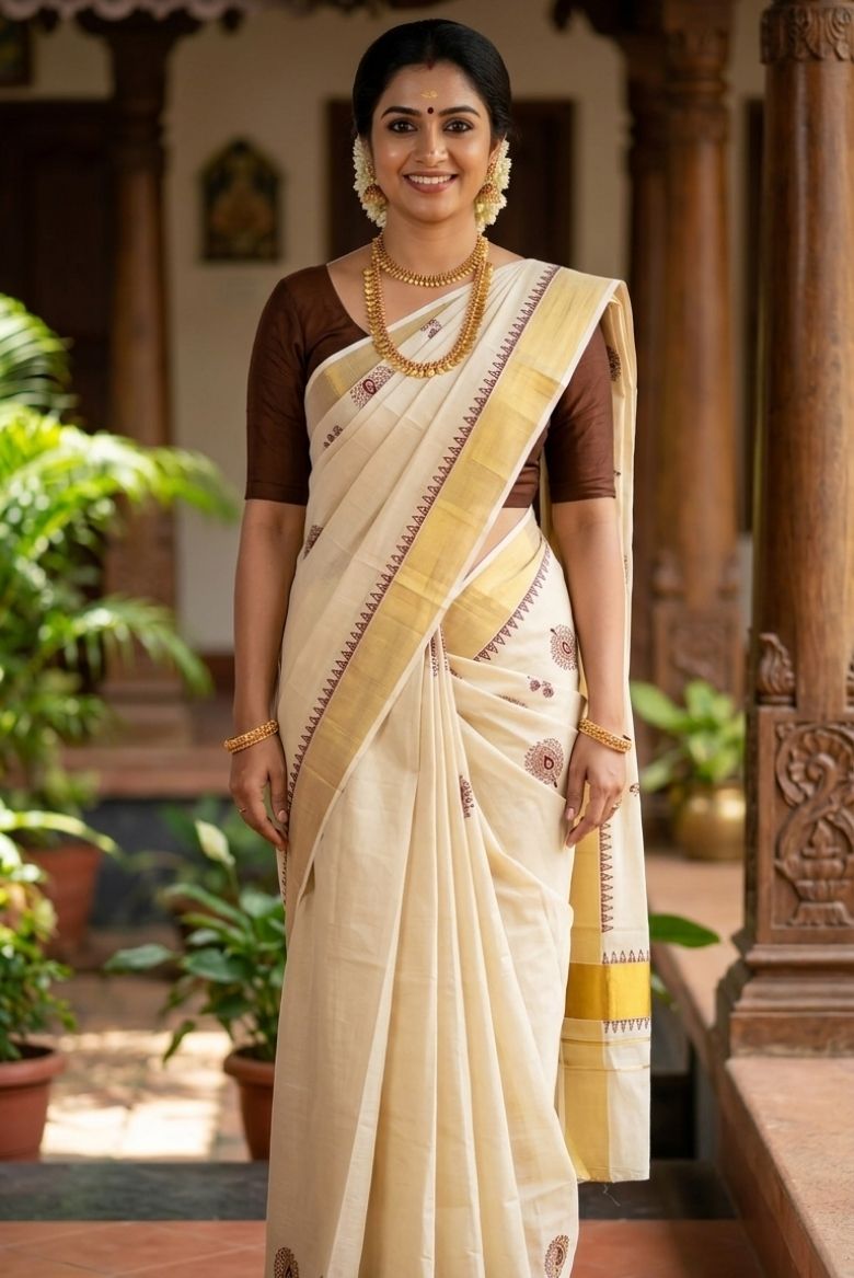 Golden Tissue Set Saree with Maroon Floral Motifs