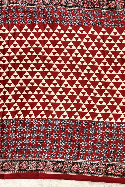 Deep Red Ajrakh Printed Premium Modal Silk Saree