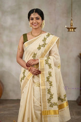 Golden Tissue Set Saree With Green Floral Print