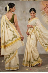 Golden Tissue Set Saree With Green Floral Print