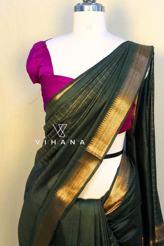 Bottle Green Kota Mini Check Mangalagiri Silk