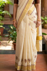 Golden Tissue Set Saree with Maroon Floral Motifs