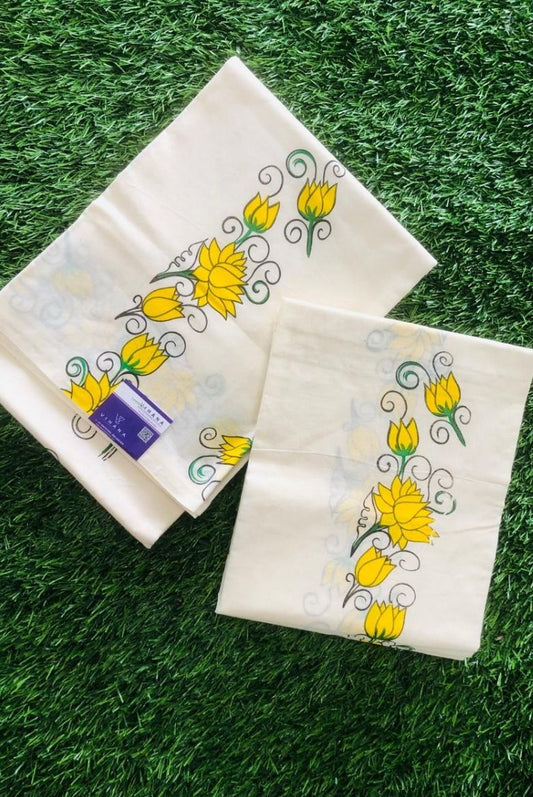 Kerala Cotton Set Mundu with Yellow Lotus Print