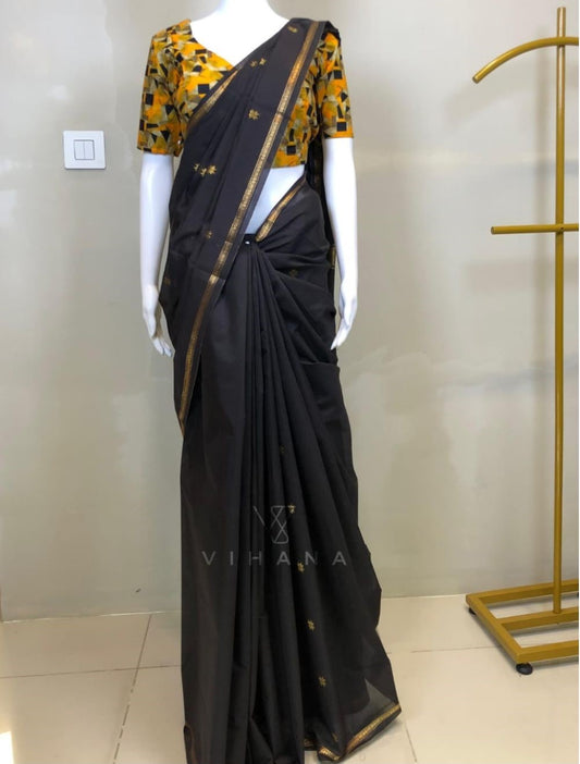 Maheswari Cotton Silk  Saree Black Color