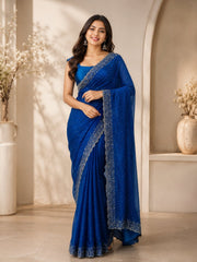 Peacocok Blue Color Space Silk Saree Party Wear