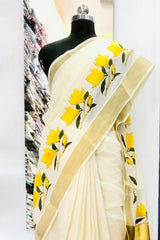 Elegant Kerala Kasavu Saree with Hand-Painted Yellow Florals