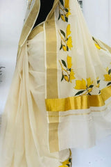 Elegant Kerala Kasavu Saree with Hand-Painted Yellow Florals