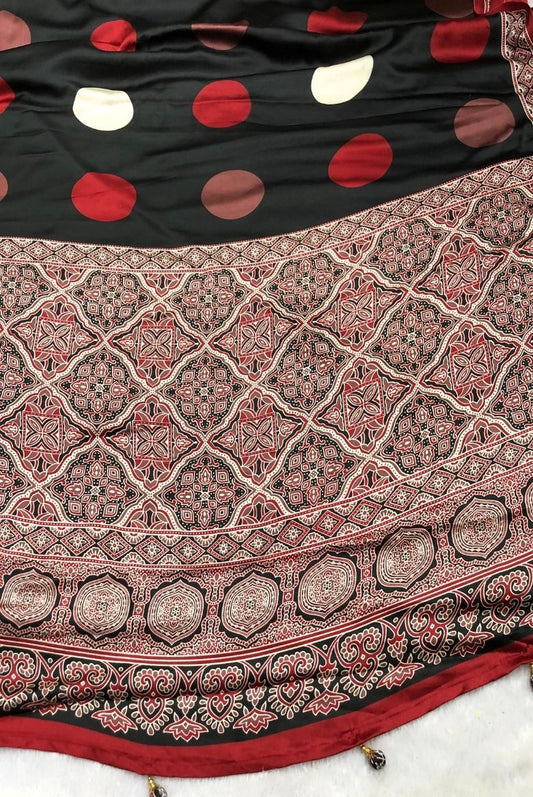 Coal Black Polka Dot Satin Modal Silk Saree